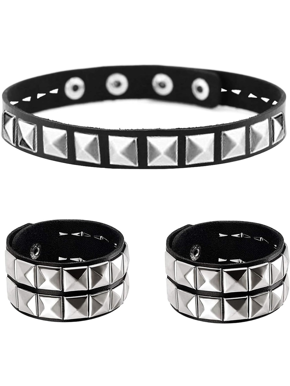 Retro Rock Women Men Rivets Black Choker Collar and Wrist Cuffs Set, 3 Pieces